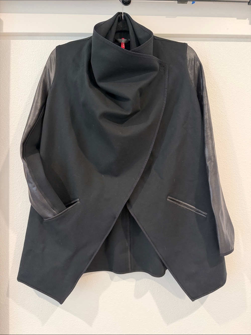 SPANX Black Draped Open-Front Jacket with Faux Leather Sleeves - Picture 4 of 9
